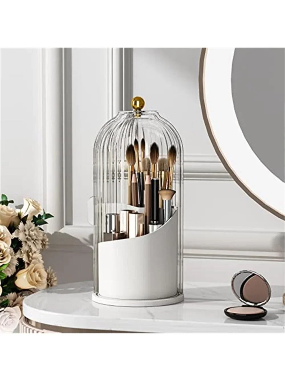 Rotating Makeup Brush Holder With Lid Organizer Dustproof Vanity Storage